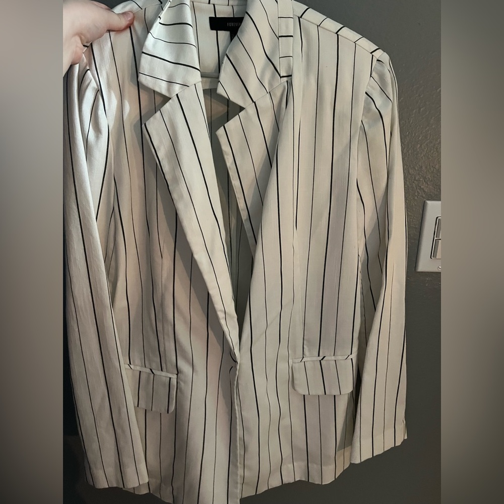 white and black striped blazer